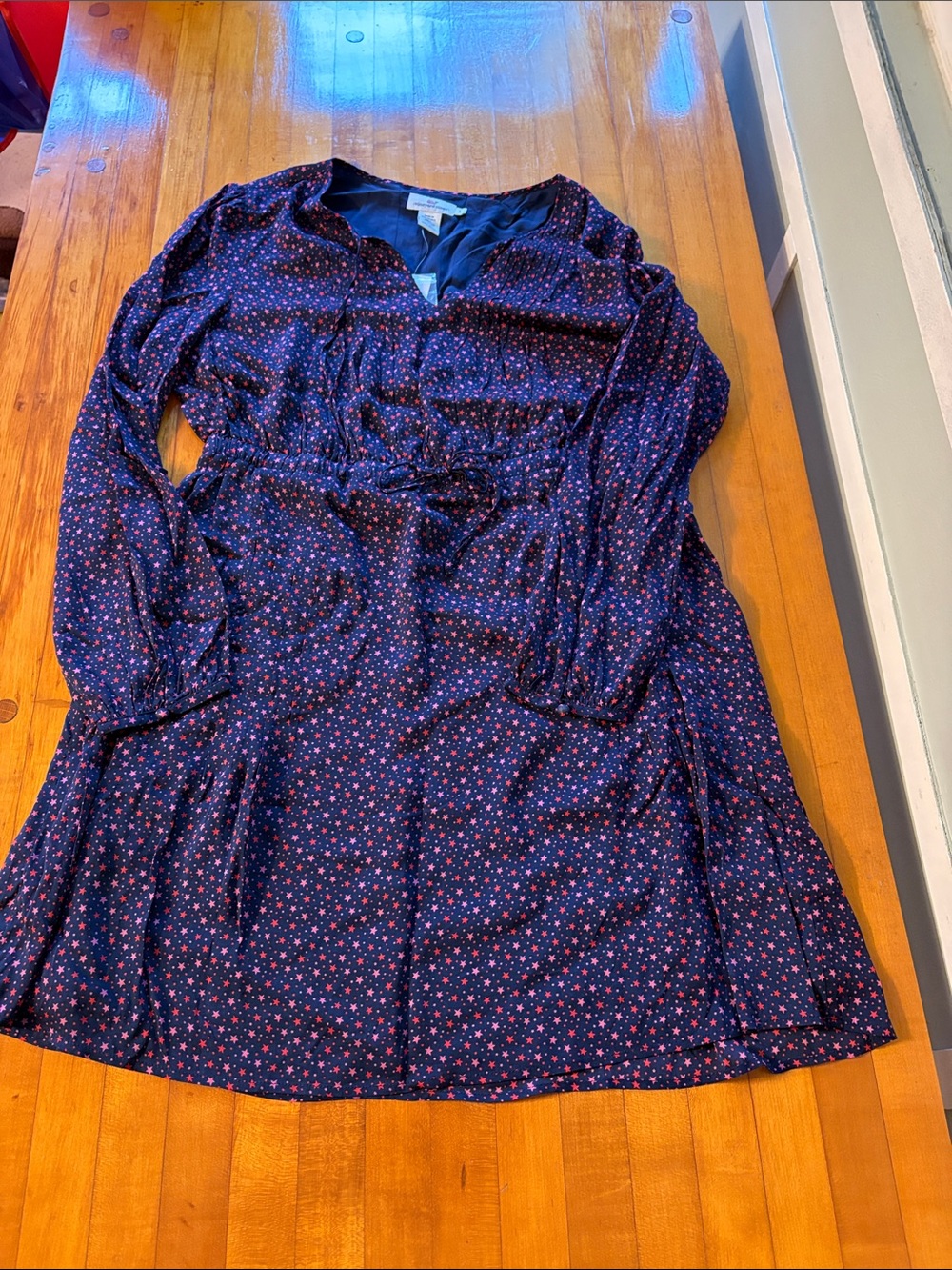 Vineyard Vines Navy Long-Sleeve Star Print Dress with Pink Stars